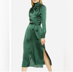 Alexia Admor Slit Emerald Green Midi Satin Dress Elegant Graduation Wedding